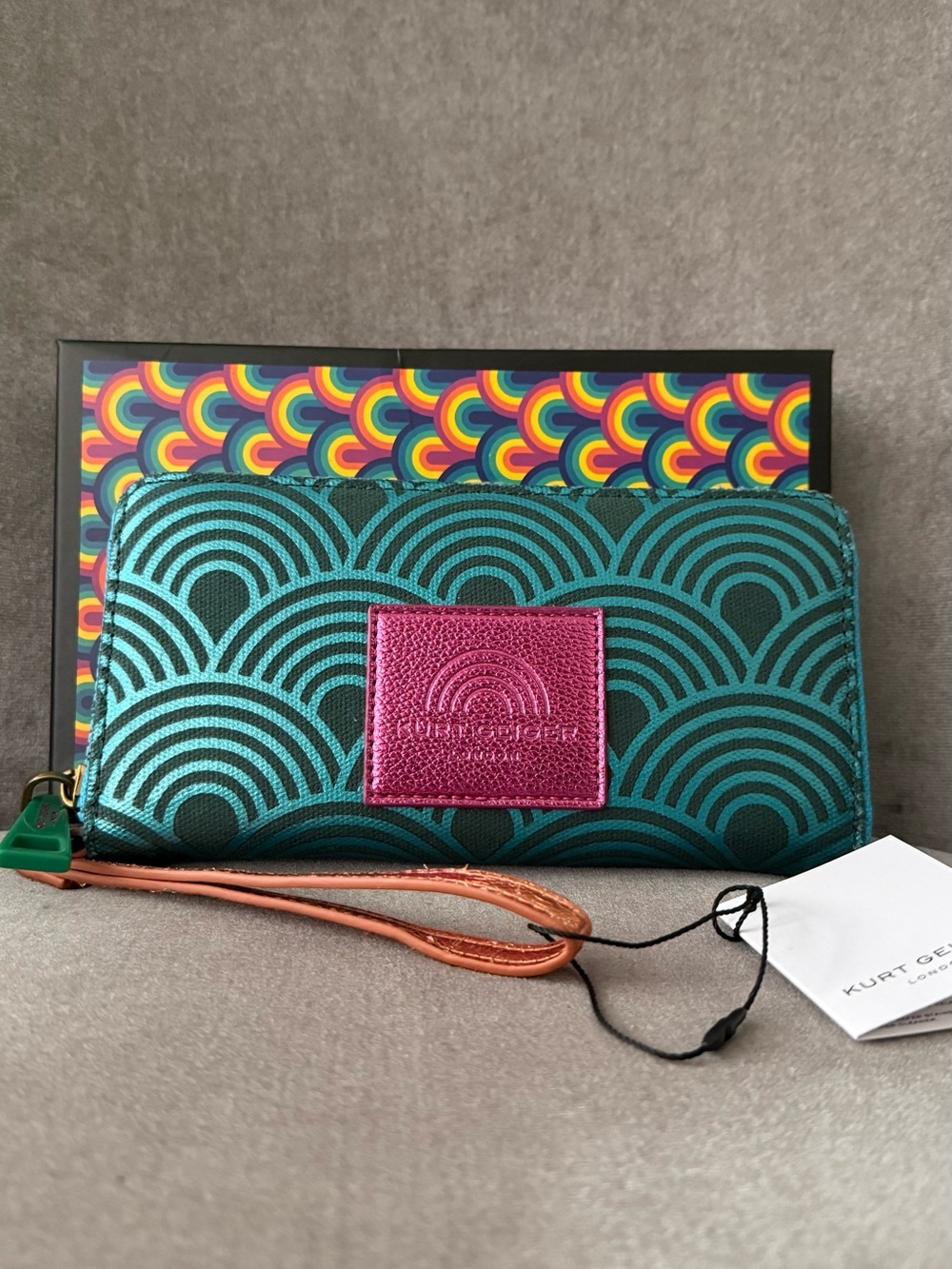 Kurt Geiger Teal Patterned Wallet with Pink Logo Patch